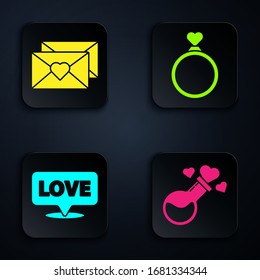 Set Bottle with love potion, Envelope with Valentine heart, Speech bubble with text love and Wedding rings. Black square button. Vector