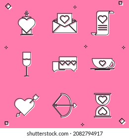 Set Bottle with love potion, Envelope Valentine heart, Wine glass, Like and, Coffee cup, Amour arrow and Bow icon. Vector