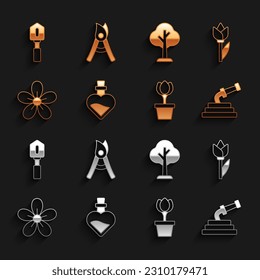 Set Bottle with love potion, Flower tulip, Garden hose, in, Forest, Shovel and Gardening handmade scissors icon. Vector