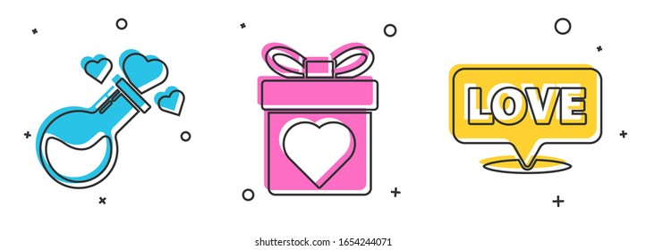 Set Flasche mit Liebe Tränke, Geschenkbox mit Herz und Speech Blase mit Text Liebe Symbol. Vektorillustration