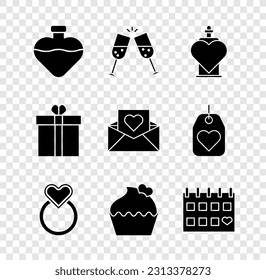 Set Bottle with love potion, Glass of champagne, Wedding rings, cake heart, Calendar, Gift box and and Envelope Valentine icon. Vector
