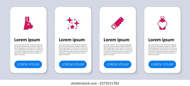 Set Bottle with love potion, Hand saw, Magical glitter particles and Rabbit ears. Business infographic template. Vector