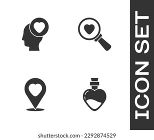 Establecer Botella con poción de amor, corazón de cabeza, ubicación y búsqueda e icono. Vector