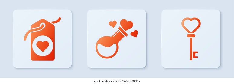 Set Botella con poción amorosa, Etiqueta del corazón y Clave en forma de corazón. Botón cuadrado blanco. Vector
