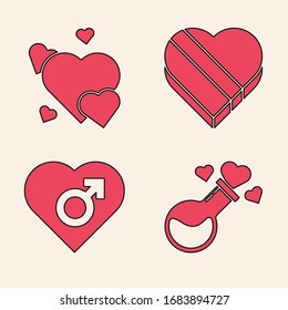 Set Botella con poción amorosa, Corazón, Candy en la caja con forma de corazón y Corazón con icono masculino de género. Vector