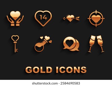 Set Bottle with love potion, Heart in the center of darts target aim, Glass champagne, speech bubble, Key heart shape, Amour and arrow, hand and  icon. Vector