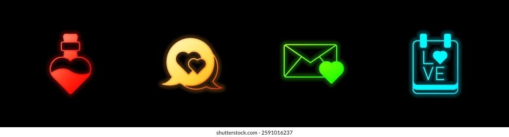 Set Bottle with love potion, Heart in speech bubble, Envelope Valentine heart and Calendar February 14 icon. Vector