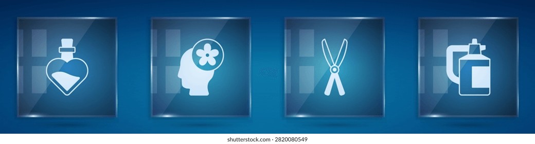 Set Bottle with love potion, Human head flower inside, Gardening handmade scissors and sprayer for fertilizer. Square glass panels. Vector