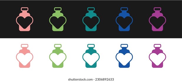Set Bottle with love potion icon isolated on black and white background. Valentines day symbol.  Vector