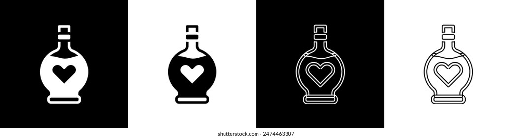 Set Bottle with love potion icon isolated on black and white background. Valentines day symbol.  Vector