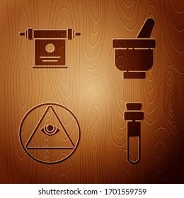 Set Bottle with love potion, Magic scroll, Masons and Magic mortar and pestle on wooden background. Vector