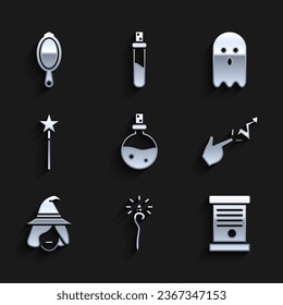 Set Bottle with love potion, Magic staff, Decree, paper, parchment, scroll, Spell, Witch, wand, Ghost and hand mirror icon. Vector