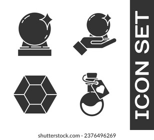 Set Bottle with love potion, Magic ball, Magic stone and Magic ball on hand icon. Vector