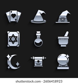 Set Bottle with love potion, Magic scroll, ball, mortar and pestle, Moon stars, Ancient magic book, Witch hat and Playing cards icon. Vector
