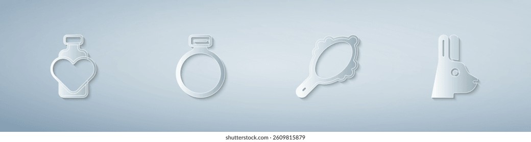 Set Bottle with love potion, Magic stone ring, hand mirror and Rabbit ears. Paper art style. Vector