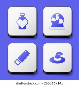 Set Bottle with love potion, Magic ball, Hand saw and Witch hat icon. White square button. Vector