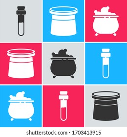 Set Bottle with love potion, Magician hat and Witch cauldron icon. Vector
