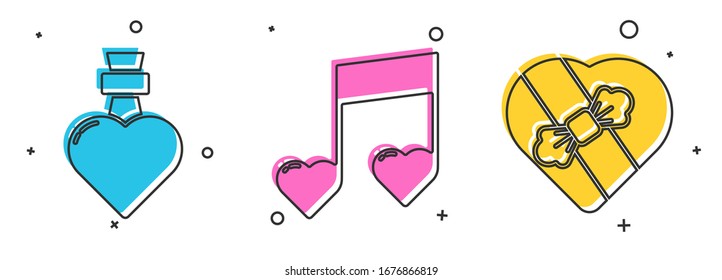 Set Bottle with love potion, Music note, tone with hearts and Candy in heart shaped box icon. Vector