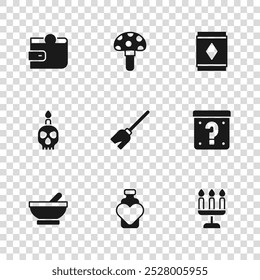 Set Bottle with love potion, Mystery box, Candlestick, Witches broom, Magic carpet, Wallet, Psilocybin mushroom and Burning candle skull icon. Vector