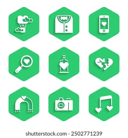 Set Bottle with love potion, Photo camera, Music note, tone hearts, Broken or divorce, Love magnet, Search and, Mobile and Romantic air balloon icon. Vector