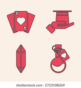Set Bottle with love potion, Playing cards, Magician hat in hand and Magic stone icon. Vector