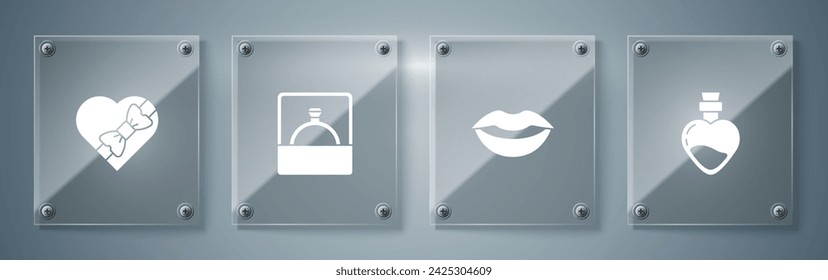 Set Botella con poción de amor, labios sonrientes, anillo de compromiso de diamantes y caja en forma de corazón de caramelo. Paneles de vidrio cuadrado. Vector