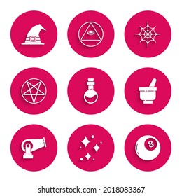 Set Bottle with love potion, Sparkle stars magical glitter, Magic ball of predictions, mortar and pestle, Cannon, Pentagram in circle, Spider web and Witch hat icon. Vector