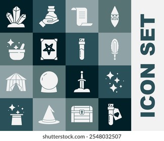 Botella con poción de amor, estrellas de la chispa mágica, espada mágica en el fuego, libro antiguo, caldero de bruja, piedra e icono. Vector