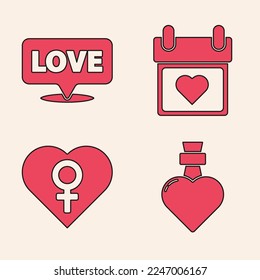 Poner botellas con poción de amor, burbuja de voz con amor al texto, calendario con corazón y corazón con icono de género femenino. Vector