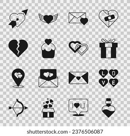 Set Bottle with love potion, Love text, Gift box, Envelope Valentine heart, Wedding cake, Broken or divorce, Amour and arrow and Two Linked Hearts icon. Vector