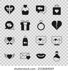 Set Bottle with love potion, Love text, Broken heart or divorce, Heart in speech bubble, Gift box, Candy shaped and Wedding rings icon. Vector