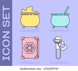 Set Bottle with love potion, Witch cauldron, Ancient magic book and Witch cauldron icon. Vector