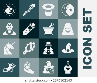 Set Bottle with love potion, Witch hat, Ghost, Magic, Wizard warlock, Poison apple and Mortar and pestle icon. Vector