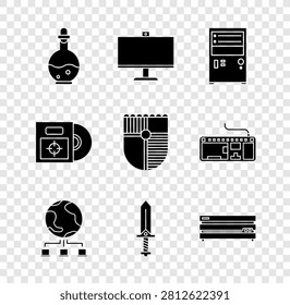 Set Bottle with magic elixir, Computer monitor, network, Sword for game, Video console, CD DVD disk in box and Shield icon. Vector