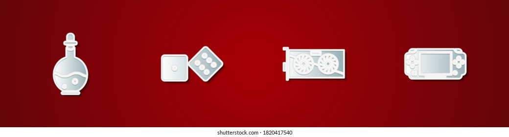 Set Bottle with magic elixir, Game dice, Video graphic card and Portable video game console icon. Vector.