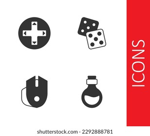 Set Bottle with magic elixir, Game controller or joystick, Computer mouse and dice icon. Vector