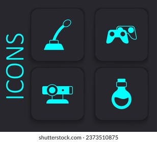 Set Bottle with magic elixir, Microphone, Game controller or joystick and Web camera icon. Black square button. Vector