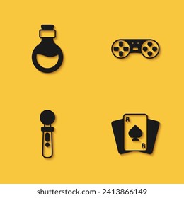 Set Bottle with magic elixir, Playing cards, VR controller game and Game or joystick icon with long shadow. Vector