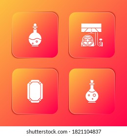 Set Bottle with magic elixir, Racing simulator cockpit, Poker table and icon. Vector.