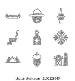 Set Bottle of maple syrup, Acorn, Farm house, Snowflake, Mountains, Ice hockey stick and puck, TV CN Tower Toronto and Kayak icon. Vector