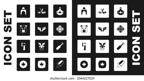 Set Bottle of maple syrup, Deer antlers, Beaver animal, Winter hat, Snowflake, Ice hockey sticks, Paddle and Wooden axe icon. Vector