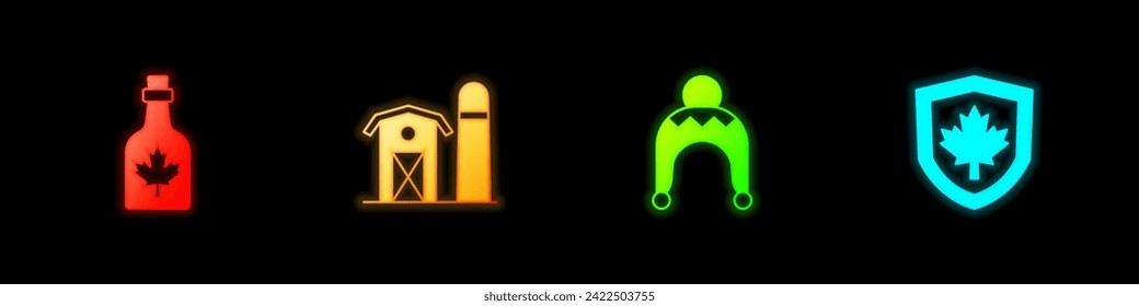 Set Bottle of maple syrup, Farm house, Winter hat and Canada flag on shield icon. Vector