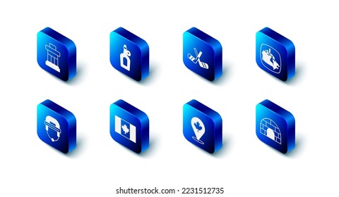 Set Bottle of maple syrup, Ice hockey sticks, Canada, Igloo ice house, Canadian leaf, Flag, Hockey helmet and Inukshuk icon. Vector