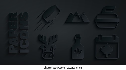 Set Bottle of maple syrup, Stone for curling, Deer head with antlers, Canada day leaf, Mountains and Hockey puck icon. Vector