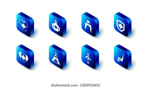 Set Bottle of maple syrup, Winter hat, Canada flag on shield, Ice hockey stick and puck, Wind turbine, Indian teepee or wigwam, Heart shaped and Hockey jersey icon. Vector