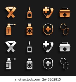 Set Bottle of medicine syrup, First aid kit, Stethoscope, Medical shield with cross, bottle nozzle spray, Emergency phone call to hospital, Awareness ribbon and nasal icon. Vector