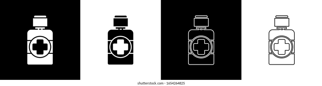 Set Bottle of medicine syrup icon isolated on black and white background.  Vector Illustration