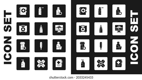 Set Botella de jarabe de medicina, spray nasal, kit de primeros auxilios, portapapeles médico, Monitor con cardiograma, boquilla e icono del frasco de Medicina. Vector