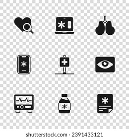 Set Botella de jarabe de medicina, efecto ojo rojo, registro de pacientes, hospital de localización, pulmones, inspección cardiaca médica, laptop clínica e icono de emergencia 911. Vector