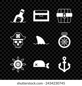 Set Botella con mensaje en el agua, cofre del tesoro antiguo, volante del barco, bandana pirata para la cabeza, ancla, capitán e icono de la onda oceánica de aleta de tiburón. Vector